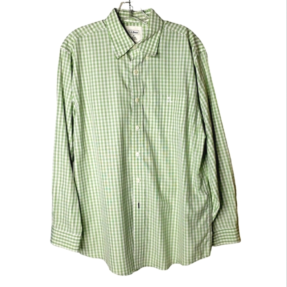 LL Bean Monogrammed Kelly Green Gingham Buttondown Cotton Career Preppy Shirt M